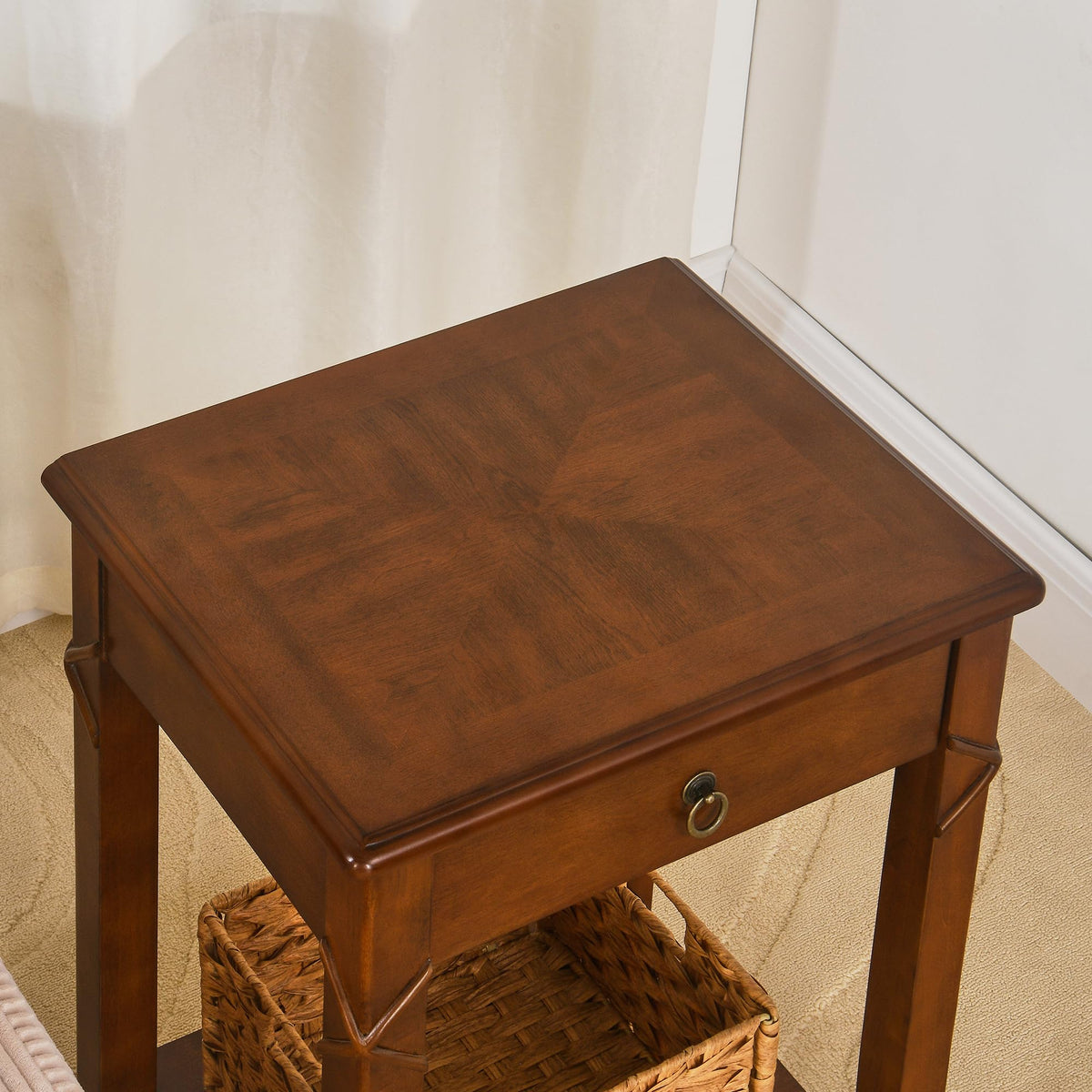 Small Solid Wood Side End Table with Drawer and Storage Shelf B350