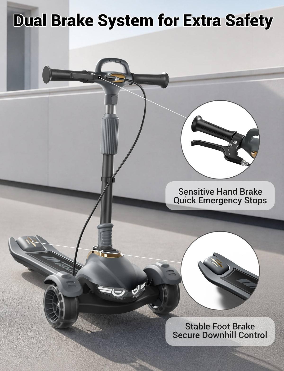 Kids Scooter with Dual Brakes, Music, Lights, Adjustable and Folding Y28447