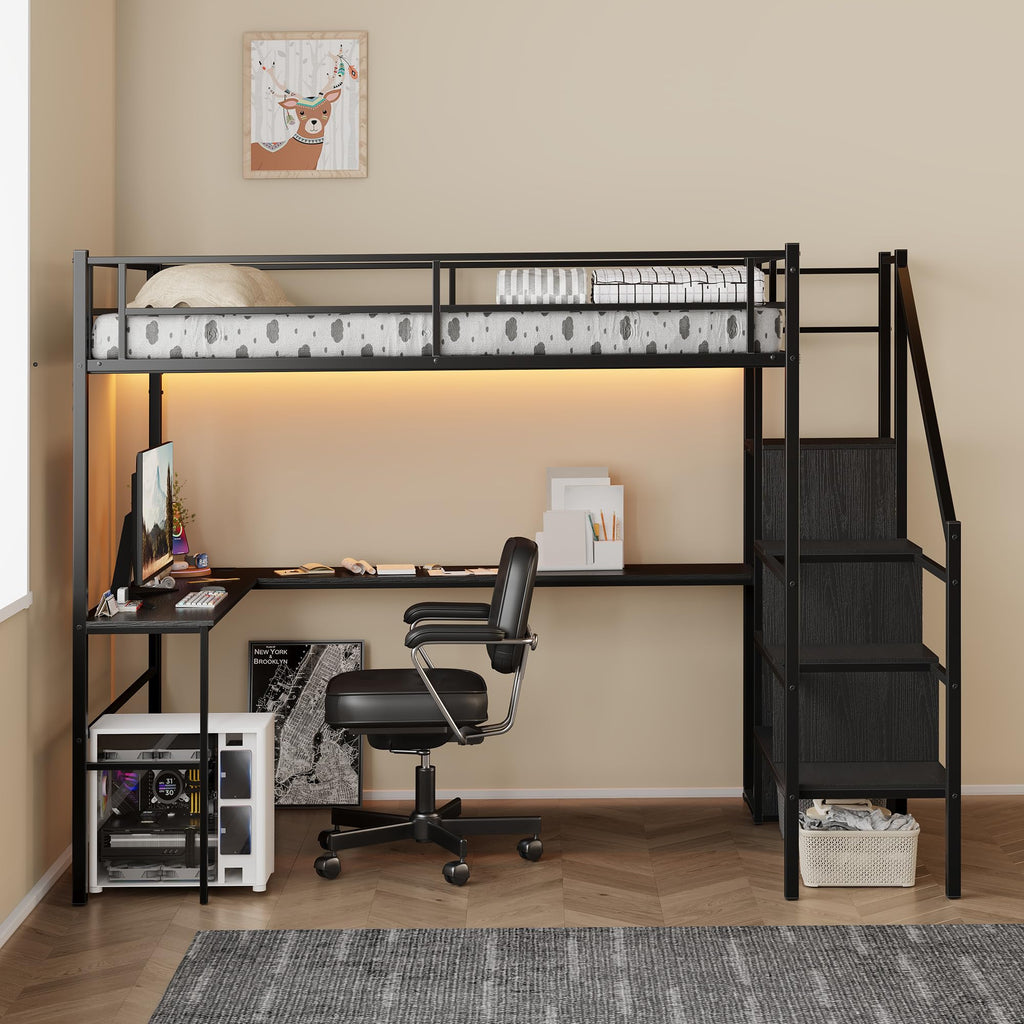 Full Size Metal Loft Bed with Desk & Storage Staircase J7019