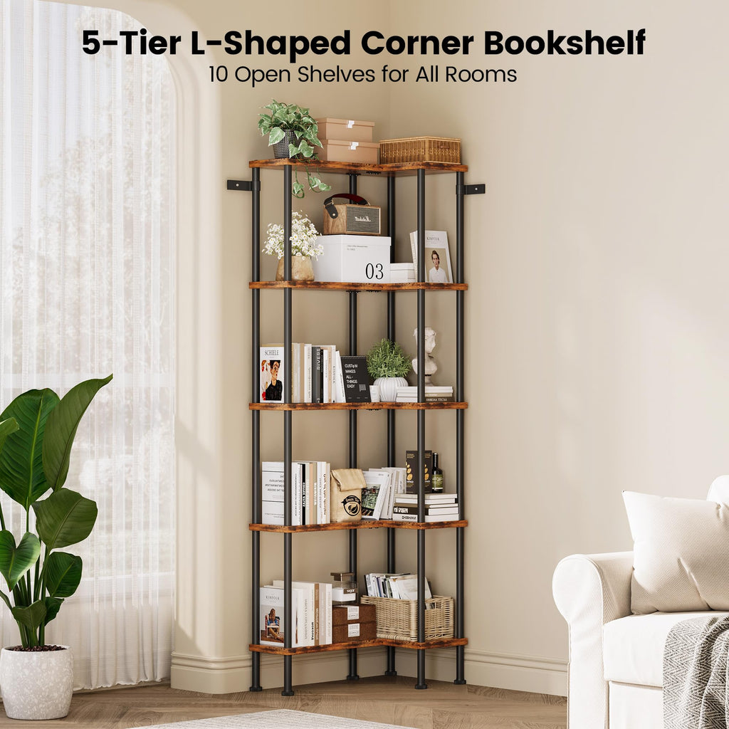 L-Shaped 5-Tier Rustic Brown Bookshelf A872