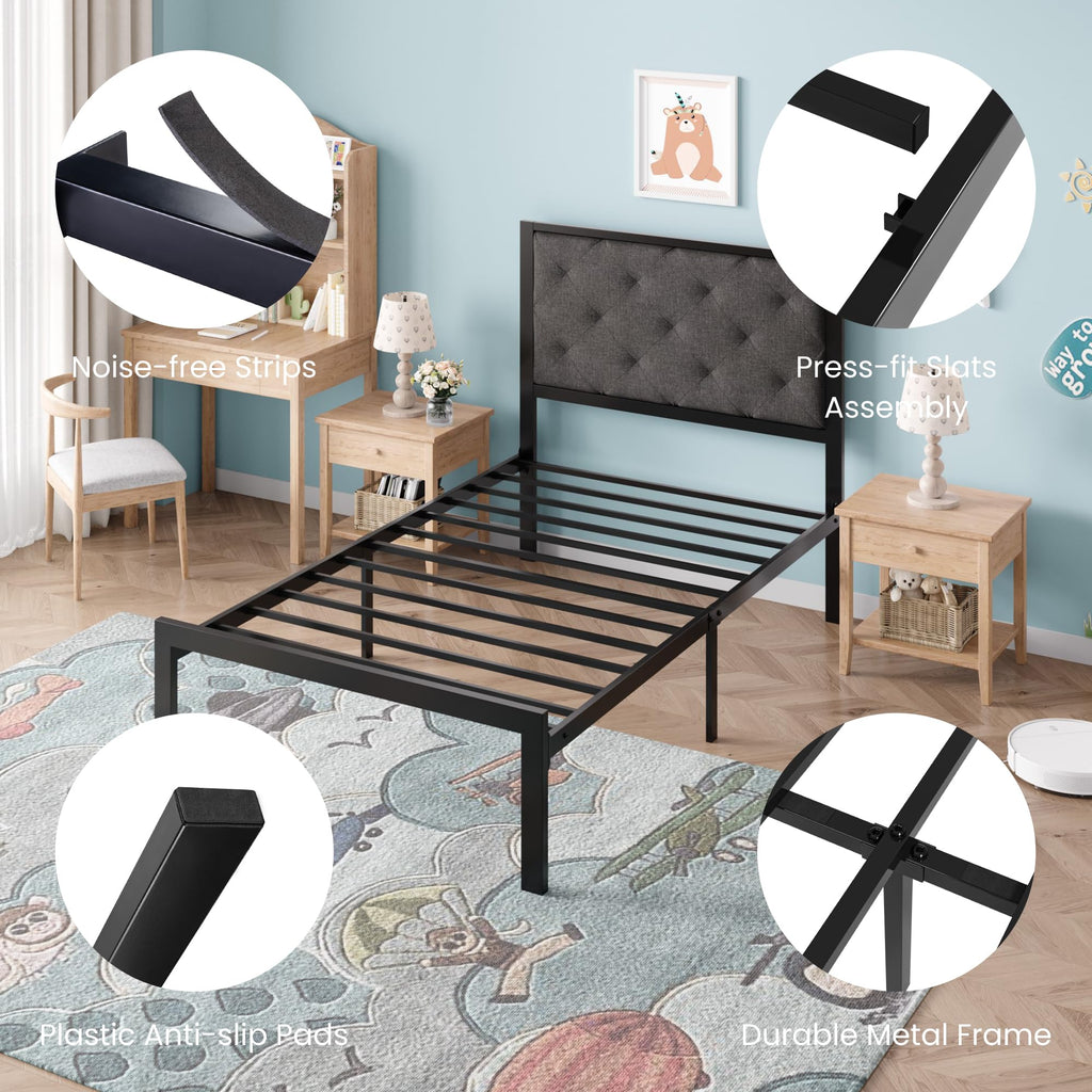 Twin Size Metal Bed Frame with Linen Tufted Headboard O5318