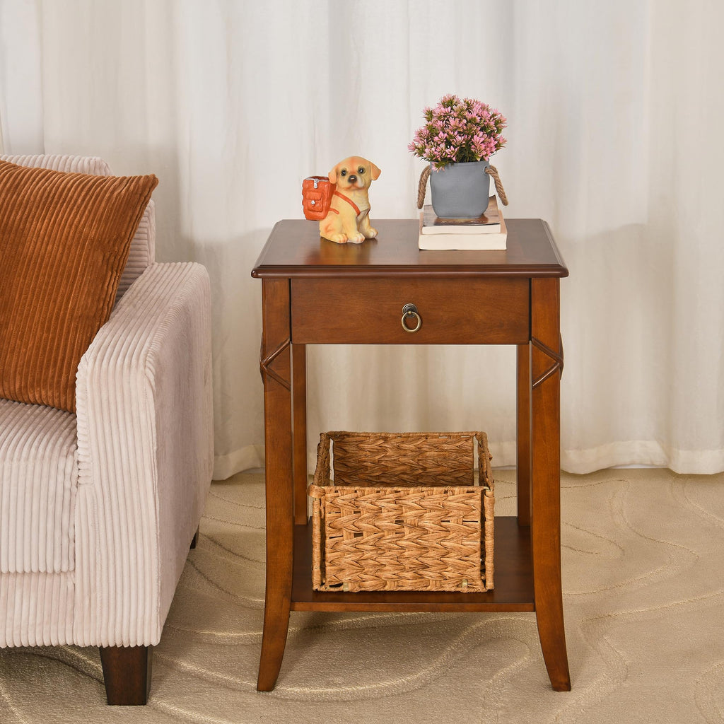 Small Solid Wood Side End Table with Drawer and Storage Shelf B350