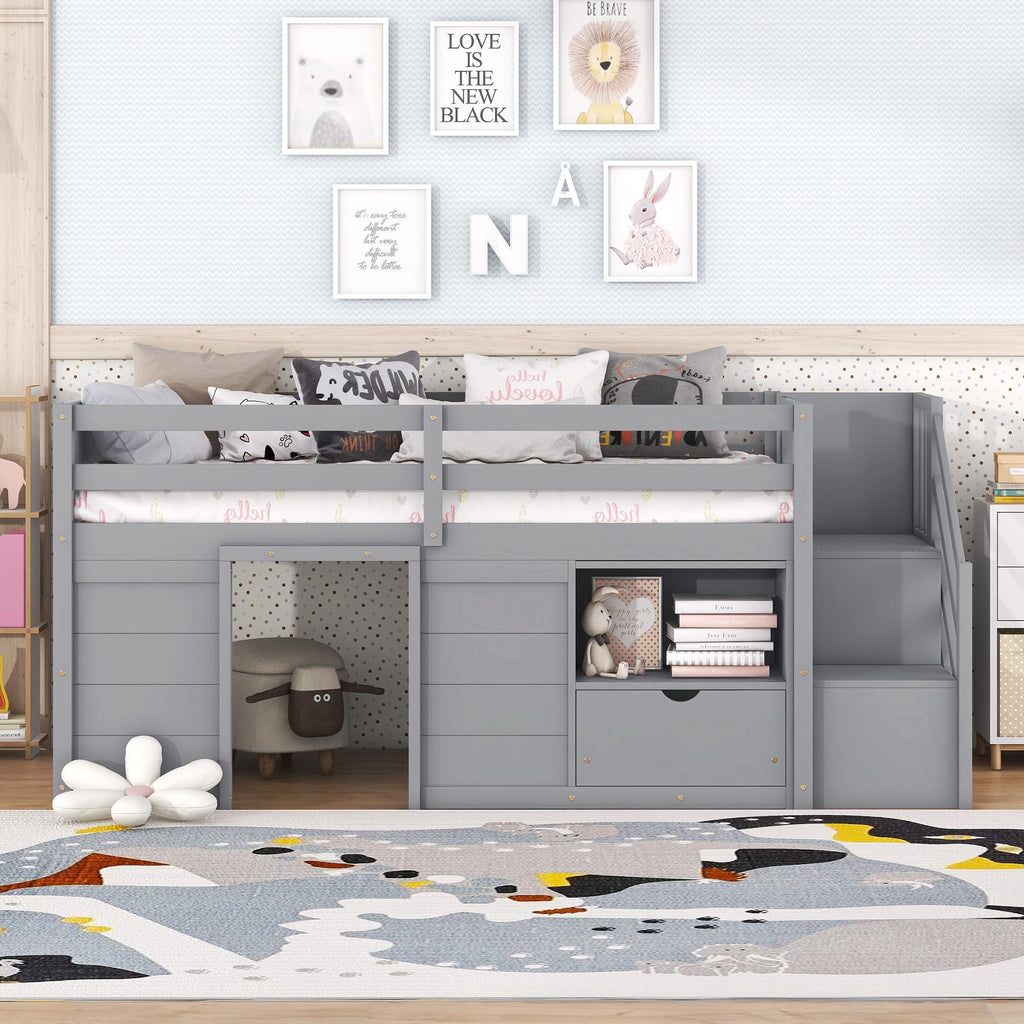 Twin Size Wood Loft Bed with Storage V6335