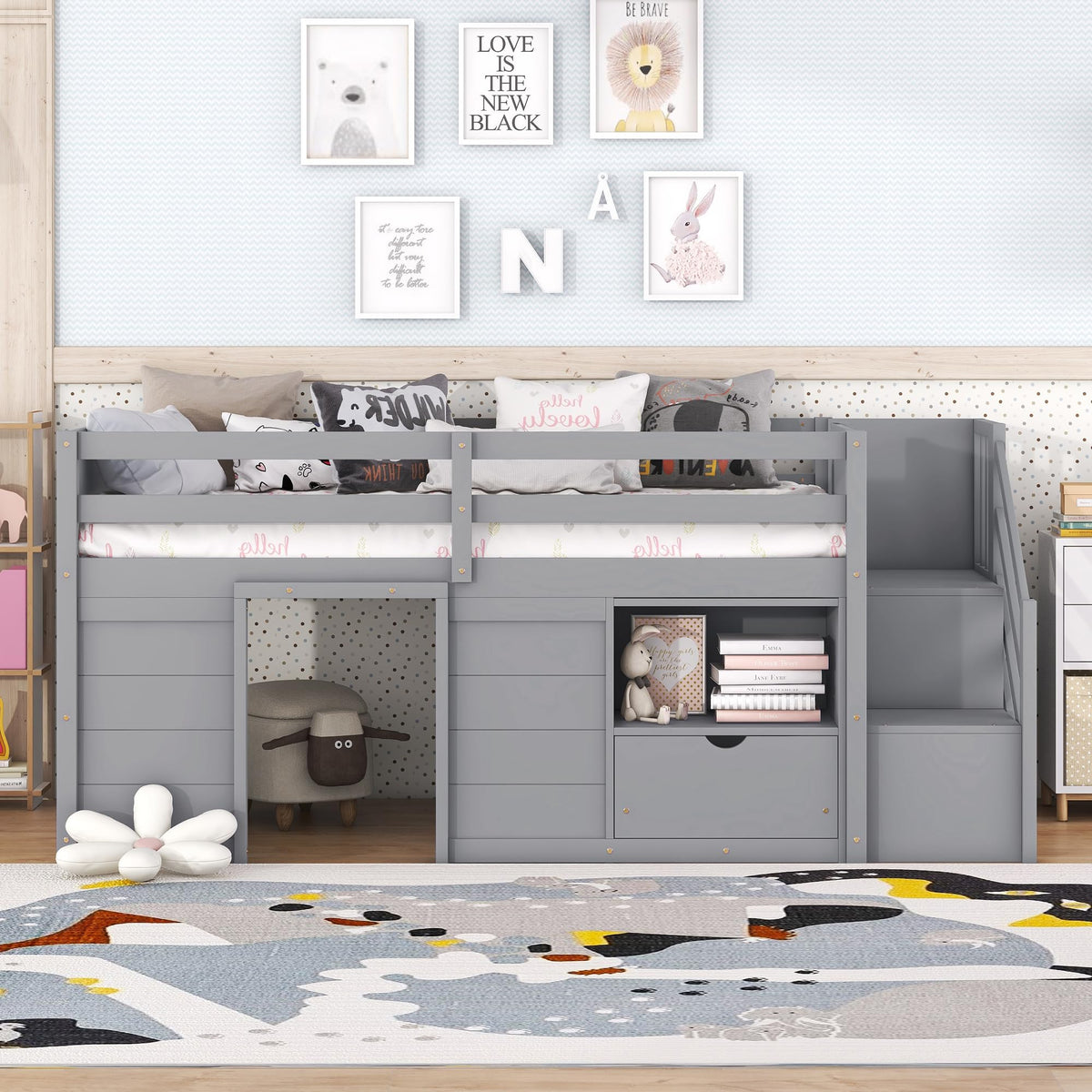 Twin Size Wood Loft Bed with Storage V6335
