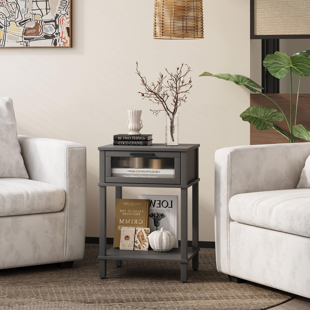 Grey Wooden Nightstand with Drawer and Storage Shelf R496