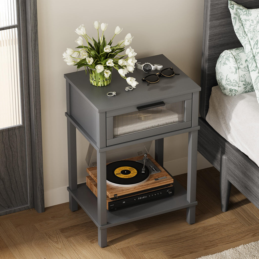 Grey Wooden Nightstand with Drawer and Storage Shelf R496