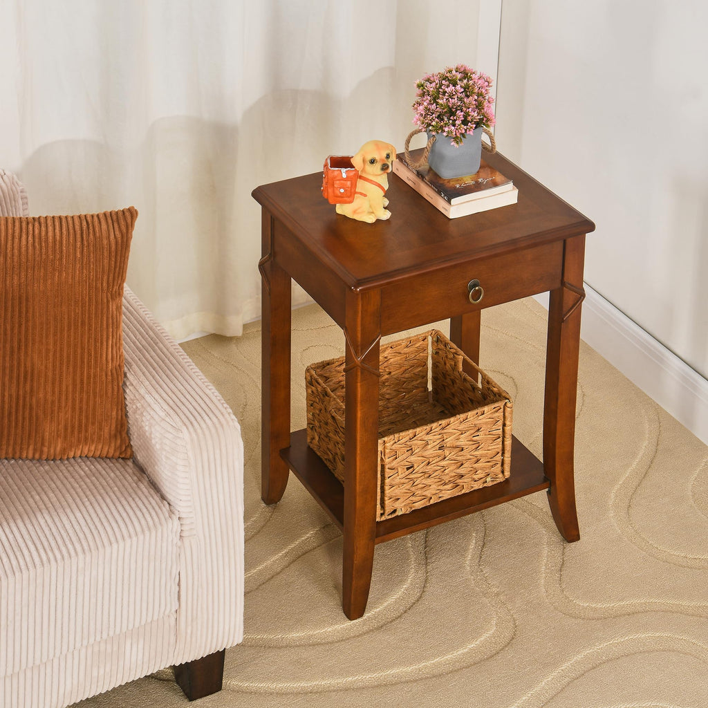 Small Solid Wood Side End Table with Drawer and Storage Shelf B350