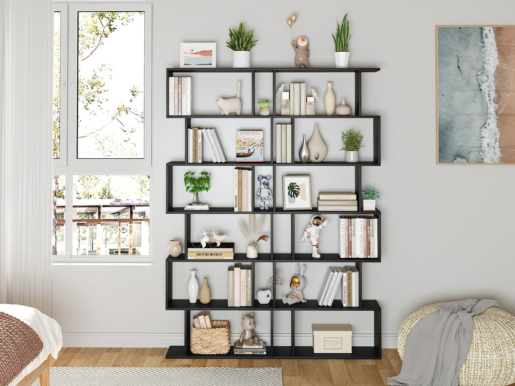 6-Tier Geometric S Shaped Wood Bookshelf I922468