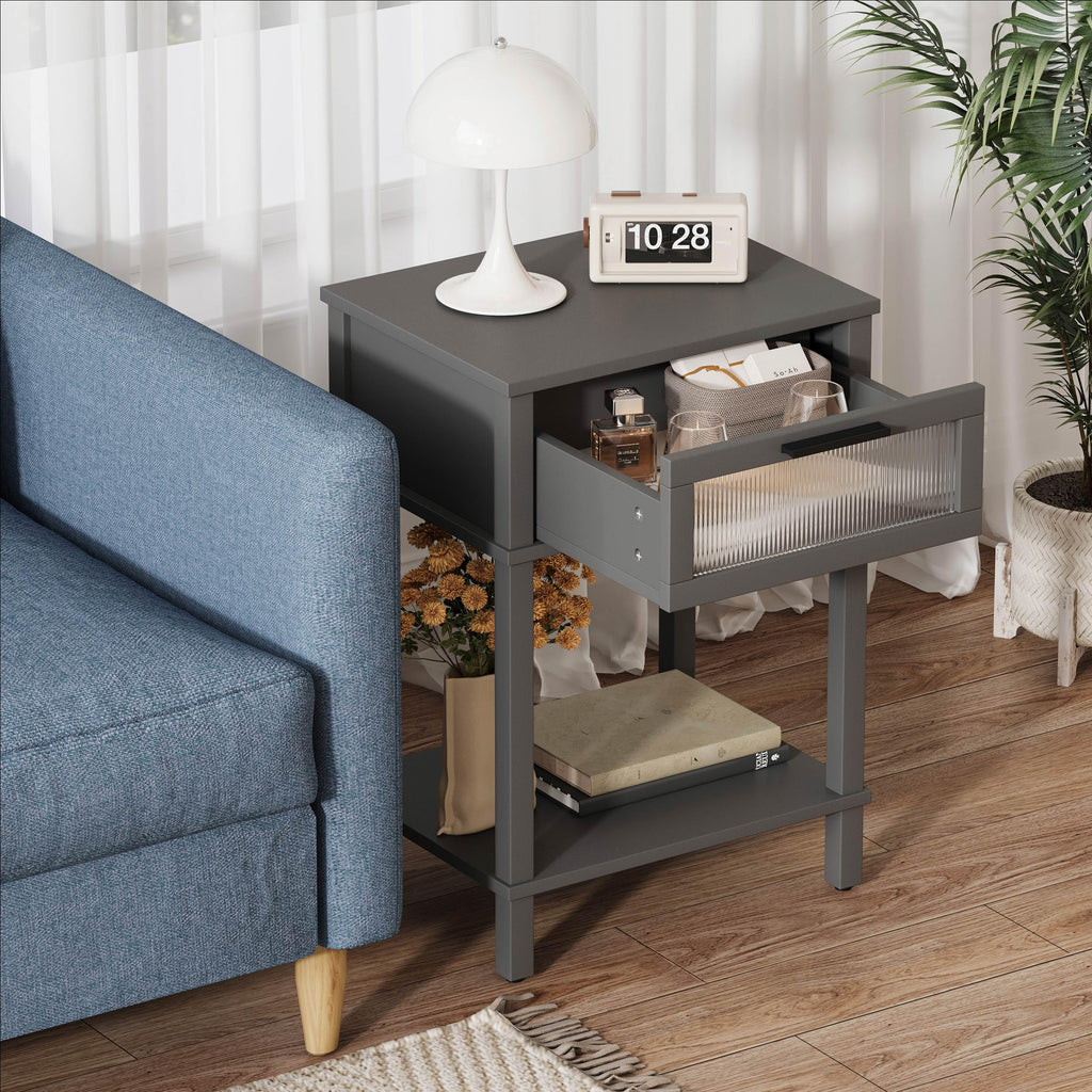 Grey Wooden Nightstand with Drawer and Storage Shelf R496