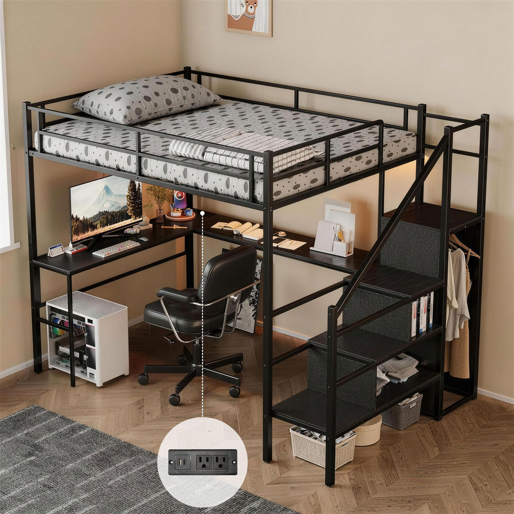 Full Size Metal Loft Bed with Desk & Storage Staircase J7019