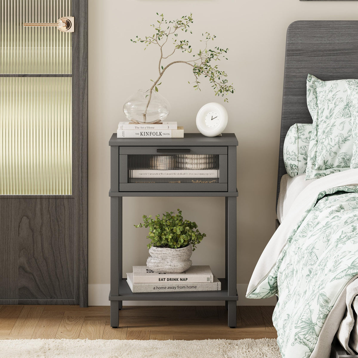 Grey Wooden Nightstand with Drawer and Storage Shelf R496