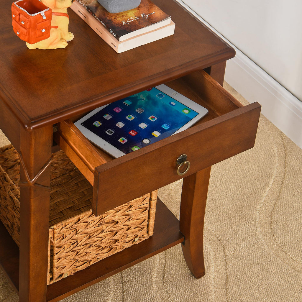 Small Solid Wood Side End Table with Drawer and Storage Shelf B350