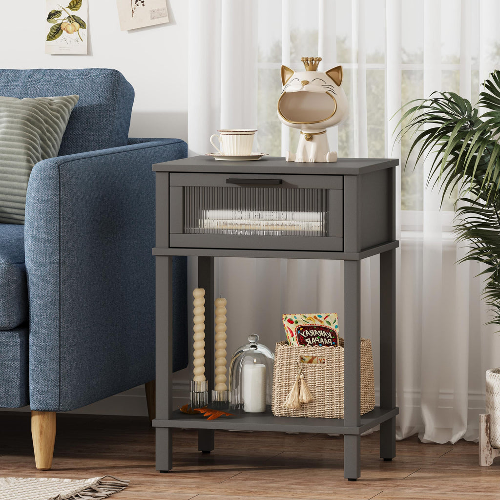 Grey Wooden Nightstand with Drawer and Storage Shelf R496