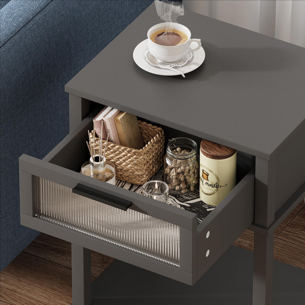 Grey Wooden Nightstand with Drawer and Storage Shelf R496